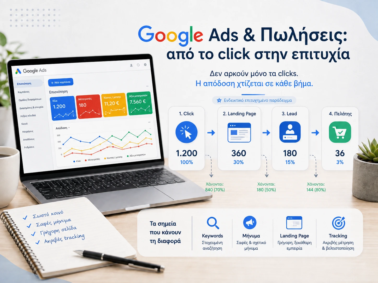 Ενδεικτικό επιτυχημένο funnel Google Ads όταν η καμπάνια συνδέεται με σωστό κοινό, σαφές μήνυμα, landing page και tracking.