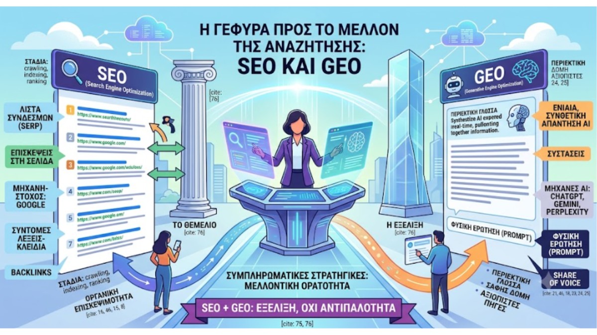 Infographic στα ελληνικά που συγκρίνει το SEO και το GEO με τίτλο «Η γέφυρα προς το μέλλον της αναζήτησης». Αριστερά παρουσιάζεται το παραδοσιακό SEO ως το θεμέλιο με λίστα συνδέσμων και οργανική επισκεψιμότητα, και δεξιά το GEO ως η εξέλιξη με συνθετικές απαντήσεις από εργαλεία τεχνητής νοημοσύνης (AI).