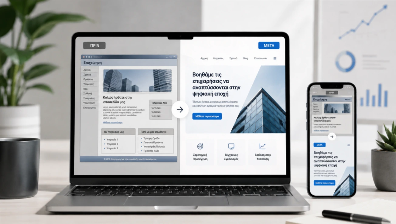Website redesign με σύγκριση πριν και μετά για ανανέωση ιστοσελίδας επιχείρησης